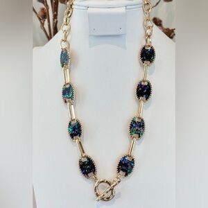 Laura Ford Oval Blue w/gold multi color metallic flecks necklace,post earrings